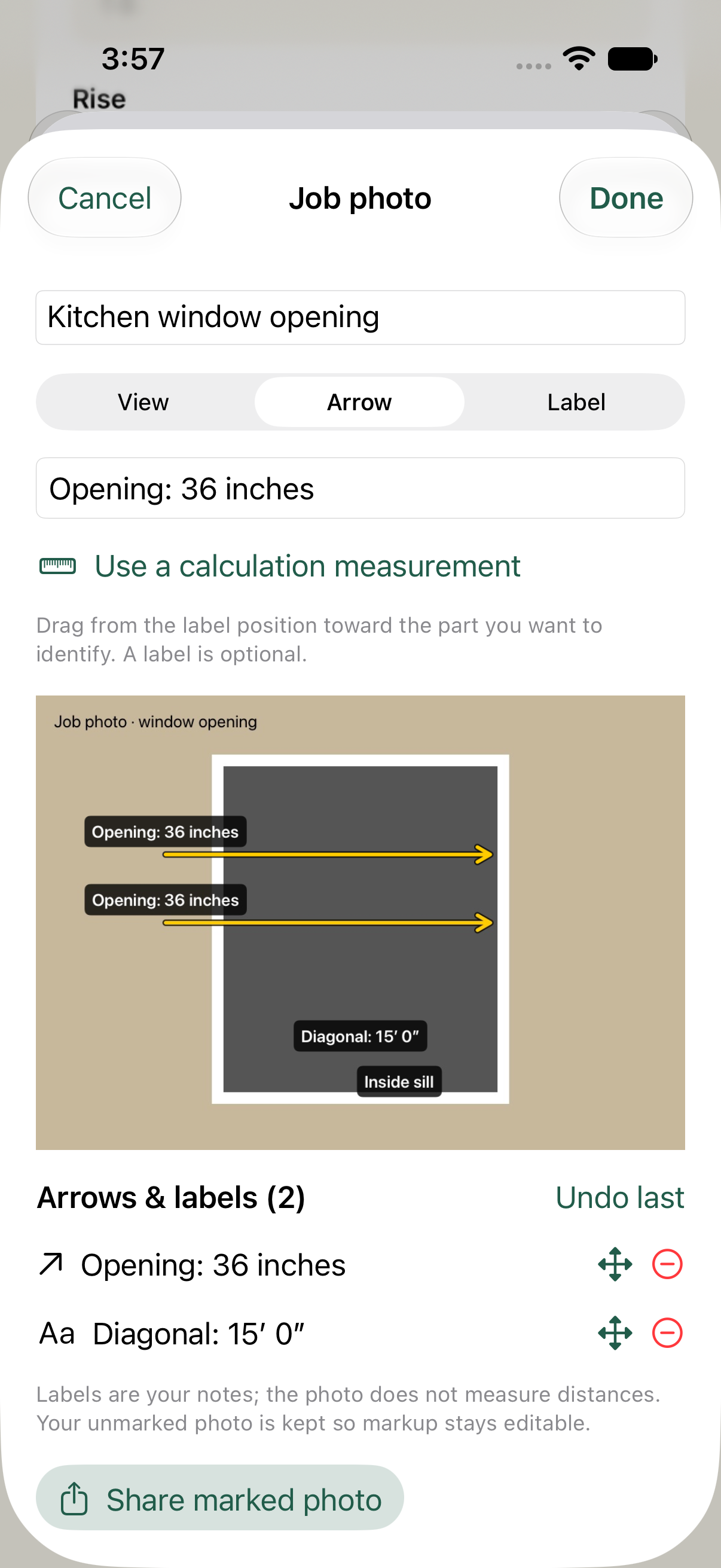 TradeCalc photo editor with editable arrows and measurement labels on an example window opening.