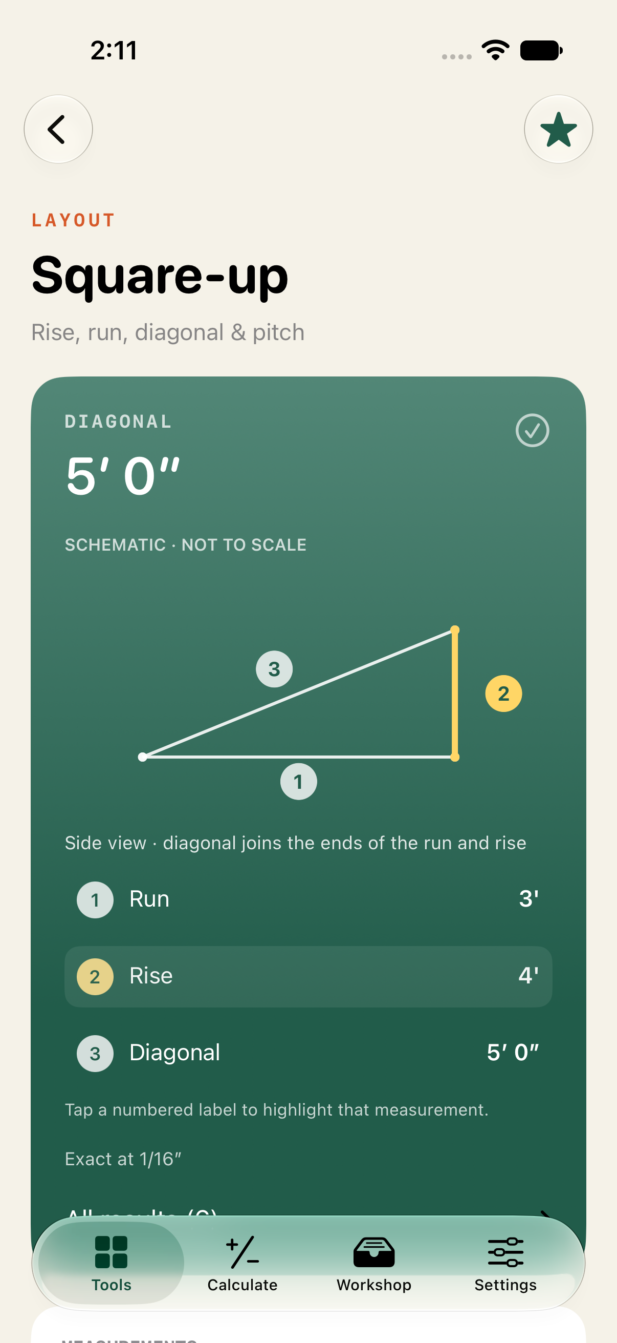 TradeCalc showing a five-foot diagonal for a three-foot run and four-foot rise, with the rise highlighted.